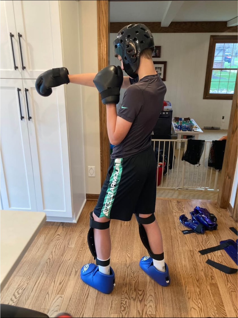 Boxing Headgear, Gloves & Shin Guards Set - Black and Blue